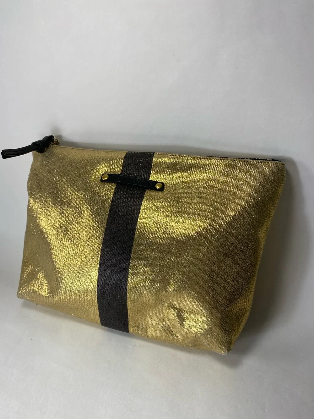 Kempton & Co. Metallic Gold Canvas Black Striped Zipper Makeup Pouch Case